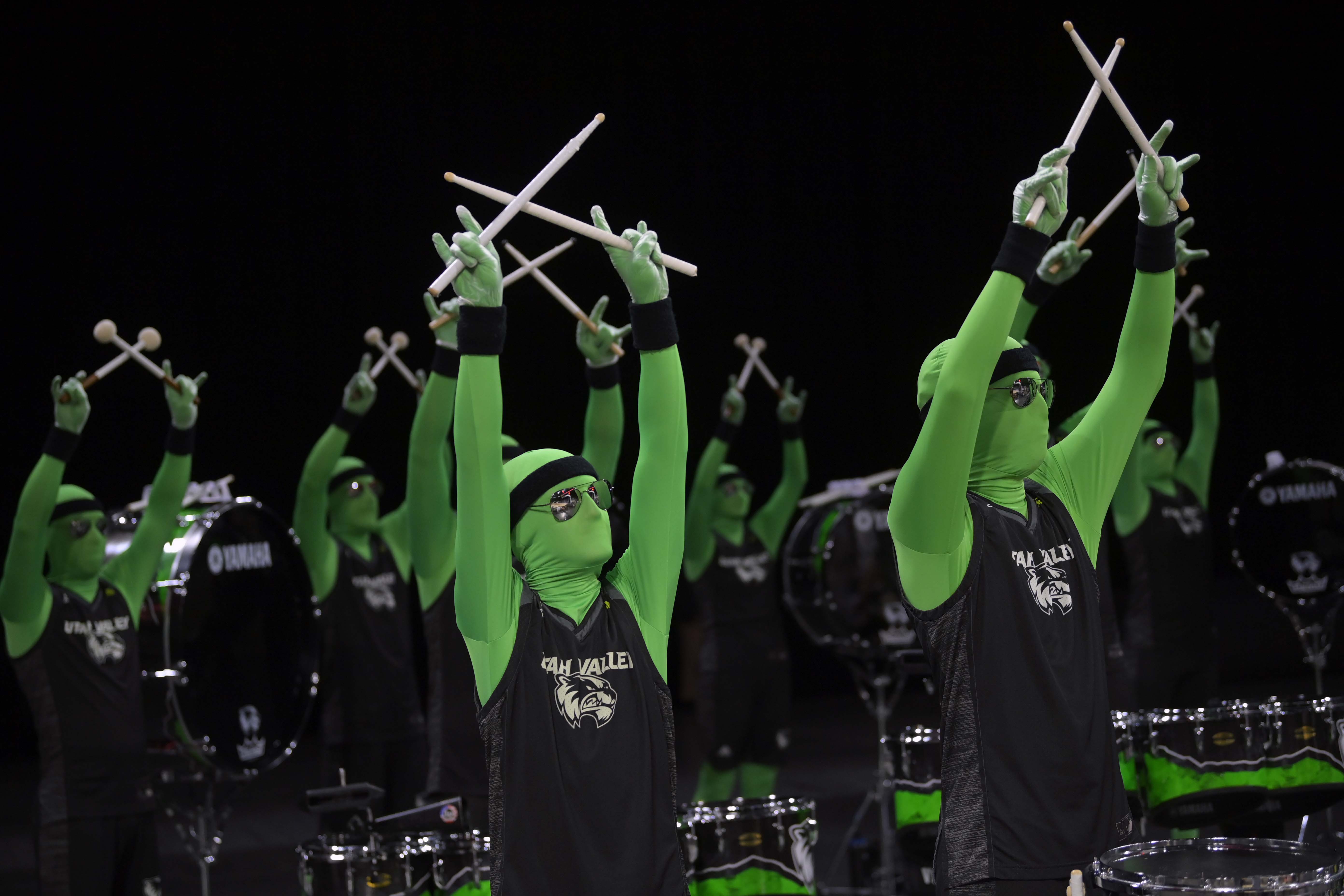 The Utah Valley Green Man Group fit right in in Las Vegas for the WAC tournament. MUST CREDIT: Washington Post photo by John McDonnell.