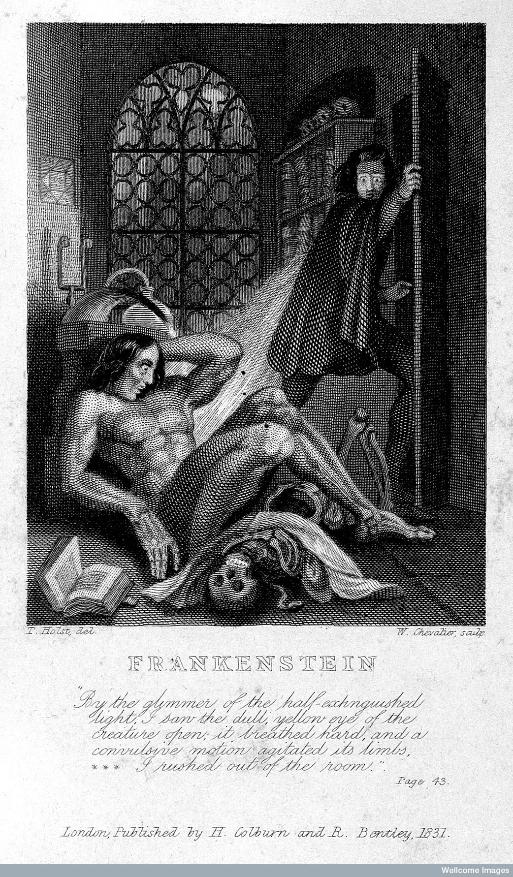 Victor Frankenstein observing the first stirrings of his creature in an engraving by Theodor von Holstafter for the frontispiece of 