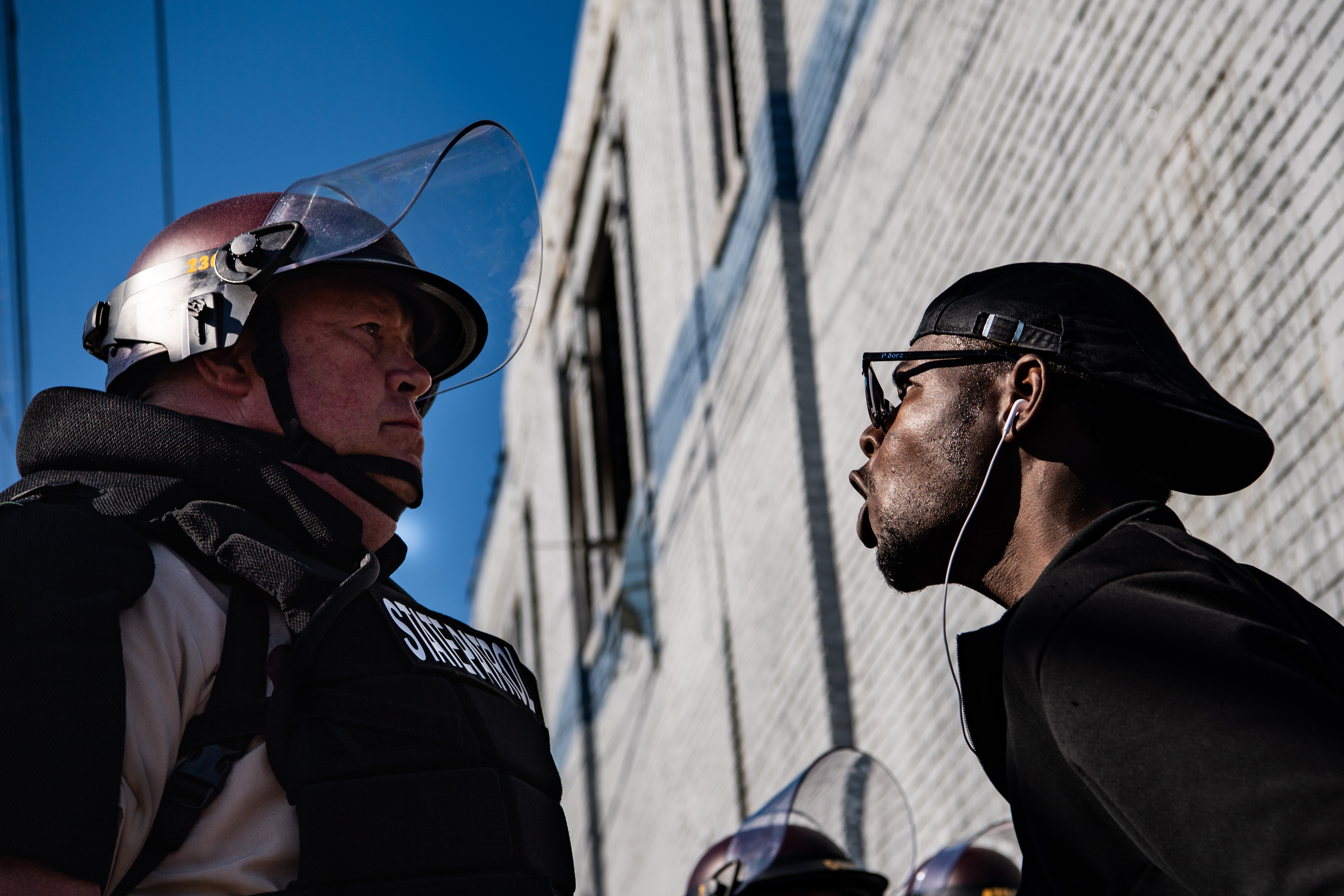A protester screams at a Minnesota State Patrol officer on May 29 in Minneapolis. MUST CREDIT: Washington Post photo by Salwan Georges