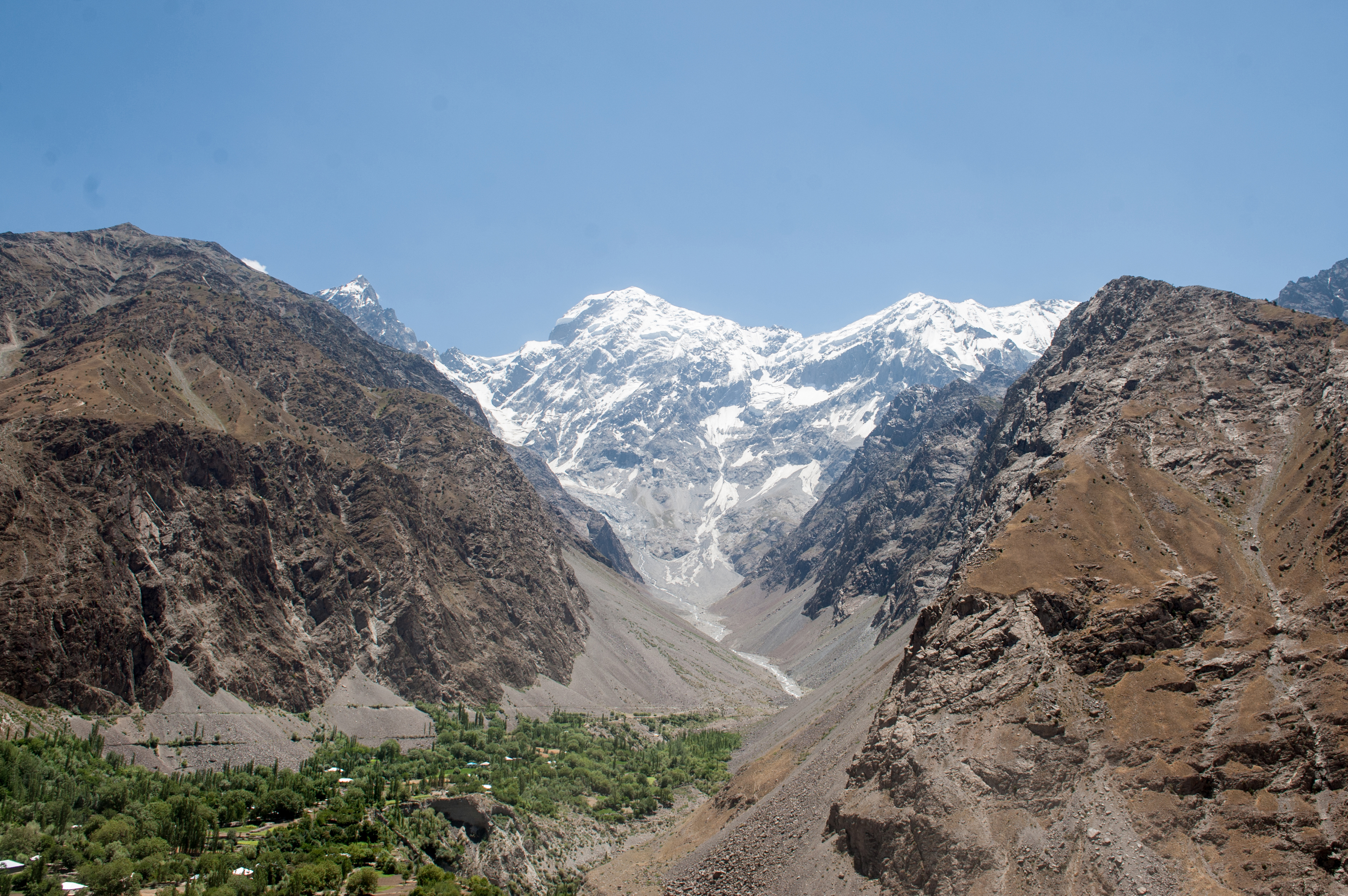 The 'Awi' glacier in the Chitral Valley, Pakistan, is seen from a roadside on July 21, 2016. On the foot of the glacier is the Miragram village that is under a constant threat of flash flooding and glacier leaks. MUST CREDIT: Photo by Insiya Syed for The Washington Post